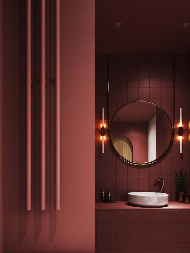 Mẫu phòng tắm đẹp với tông màu đỏ bordeaux