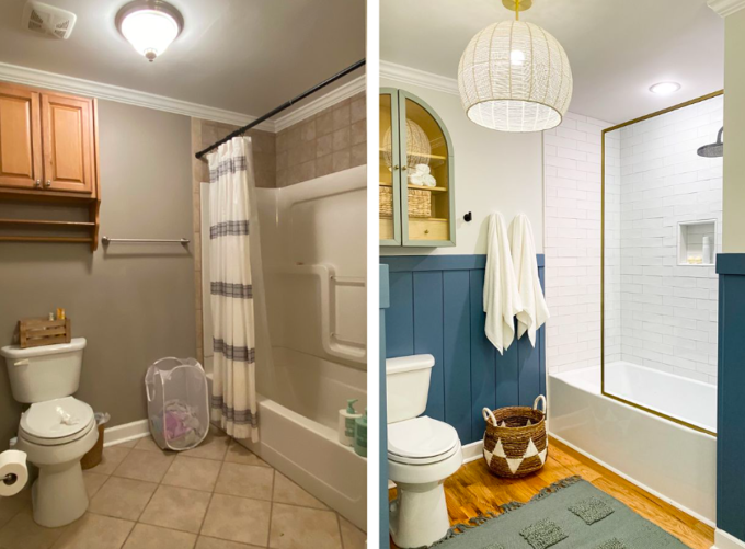 Nhà tắm trước (bên trái) và sau cải tạo với tủ kính hình vòm của Amanda. Ảnh: Amanda Pierce